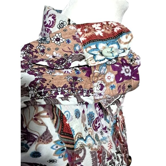 Crown of Hearts Shirt Womens Size S Top Boho Patchwork Button Down Collared Adj - Picture 15 of 16